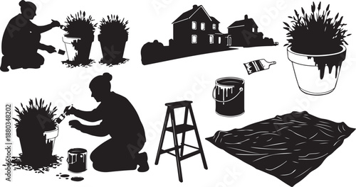 Silhouette of person painting house and plants black color