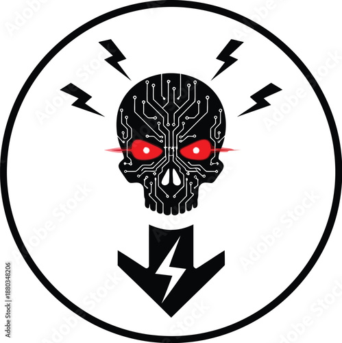 Digital skull icon featuring glowing red eyes and internal circuit board patterns surrounded by lightning bolts symbolizing danger and electronic threat in a circular graphic design.