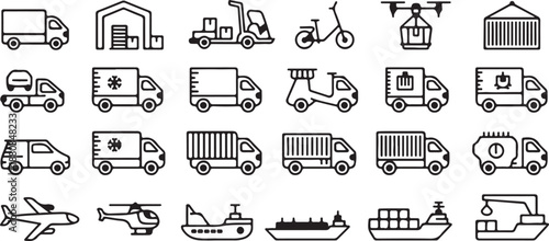 A collection of black and white line art icons representing various modes of transportation and logistics, including vehicles, aircraft, and watercraft