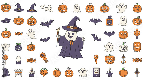 Extensive collection of Halloween-themed icons features pumpkins, ghosts, witches, bats, candies, and various spooky holiday symbols.