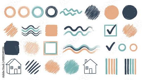 Creative set of hand-drawn graphic elements includes textured circles, wavy lines, checkmarks, houses, and various abstract shapes in muted colors.
