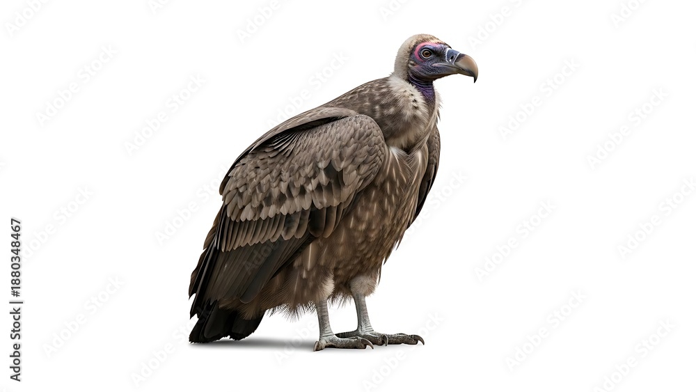 Obraz premium Detailed Hooded Vulture (Necrosyrtes monachus) Full Body Portrait Standing on a White Background, Isolated Cutout of an African Scavenger Raptor Bird of Prey, High-Resolution Studio Shot.