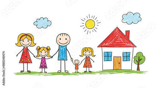 Heartwarming childlike crayon drawing shows a happy family of five standing together on green grass outside their white house with a red roof.