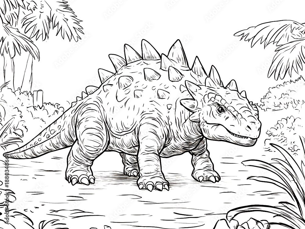 Fototapeta premium Ankylosaurus Armored Dinosaur Coloring Page Line Art Illustration in Prehistoric Forest Scene