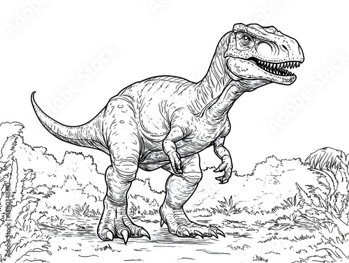 Allosaurus Carnivorous Dinosaur Coloring Page Line Art Illustration in Prehistoric Forest Scene