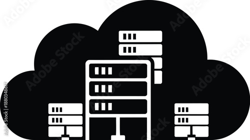 Abstract graphic representation of multiple server racks housed securely within a stylized cloud structure symbolizing centralized data storage and powerful network infrastructure services.