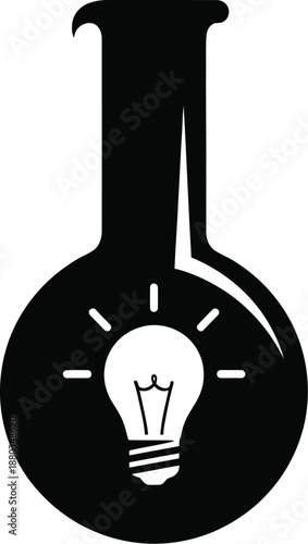 Black and white silhouette logo design illustrating a bright incandescent light bulb glowing inside a round bottom laboratory flask representing scientific discovery and chemical innovation.