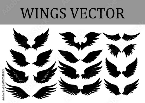 A diverse array of black silhouette wing presented in three columns on a white background, showcasing a spectrum of styles from angelic to more demonic or abstract forms
