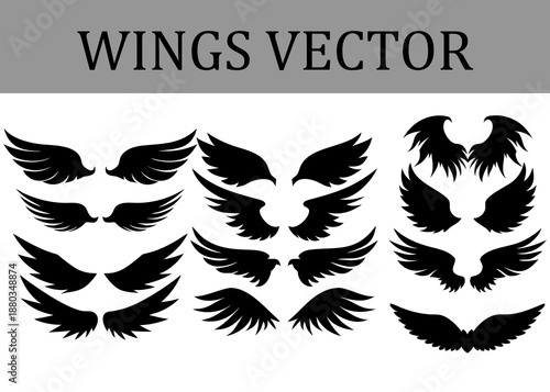 Collection of diverse black silhouette wing in various sizes and styles arranged in three columns on a white background representing different for and symbols