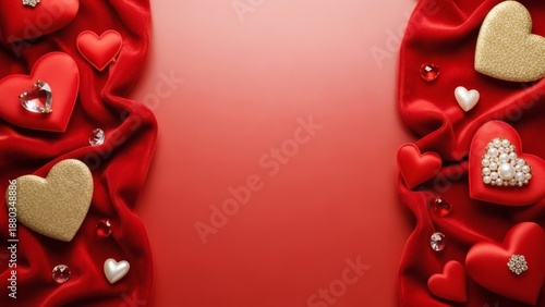 Happy Valentines Background with Red Hearts and Decorations on Fabric