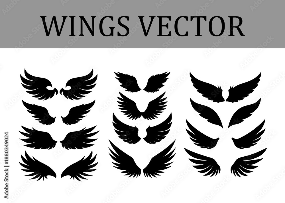 Obraz premium Assortment of black silhouette wing displaying different feather patterns and shapes arranged in three vertical columns against a stark white background with a title banner Keywords: wings, wing
