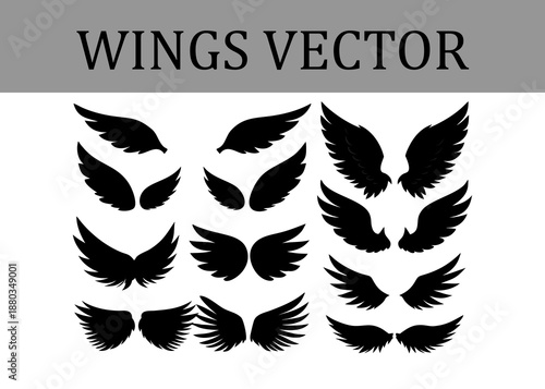 Assortment of thirteen unique black silhouette wing displayed in three vertical columns on a white background offering diverse feather patterns and styles for creative projects and visual assets