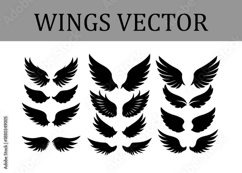 Collection of twelve distinct black silhouette wing arranged in three vertical columns of four pairs each on a clean white background showcasing a variety of feather shapes and sizes for and emblems