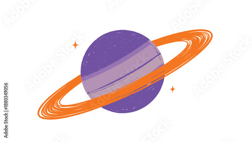 Simple and colorful illustration depicts a purple ringed planet floating in space with two small twinkling orange stars.