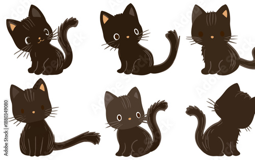 異なるポーズと表情が魅力的な6匹のかわいい黒猫のベクターイラストセット。透明な背景は、多様なデザインやハロウィン、ペットコンテンツに最適です。