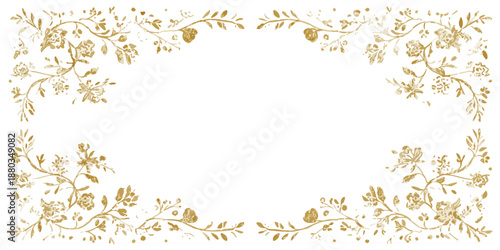 透明な背景に描かれた金色の花と蔓が優雅に絡み合う装飾的なフレーム。結婚式や招待状、カードデザインに最適なビンテージ感あふれる飾り枠。