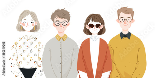 透明な背景に立つ、メガネやサングラスをかけた男女を含む多様な4人組の若者たちが、それぞれ個性的なカジュアルファッションで並ぶ、親しみやすい手描き風のイラストレーション。