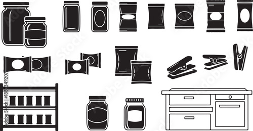 Black and white kitchen storage containers illustration set