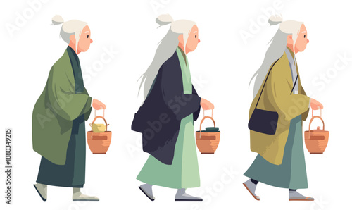 透明な背景に、伝統的な和装を身につけ小桶を手に静かに歩く白髪の高齢女性たちを描いた、穏やかでシンプルなベクターイラストレーション素材。