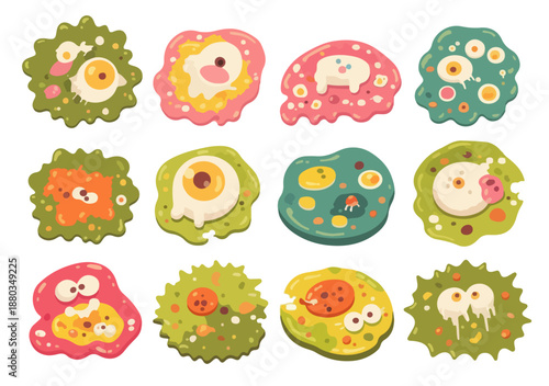 白い背景に、様々な形や色の可愛らしいカートゥーンスタイルの微生物、アメーバ、細菌、ウイルスのイラストセット。細胞や病原体を表現したポップでユニークなデザインが特徴的。