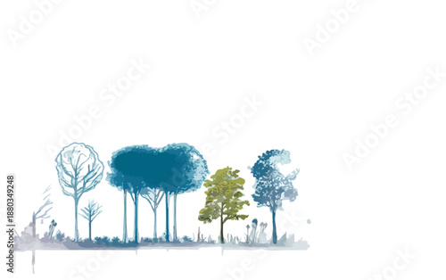 透明感のある白い背景に水彩画風のタッチで描かれた青と黄緑の木々が並ぶ、環境と自然を象徴する抽象的なイラスト。
