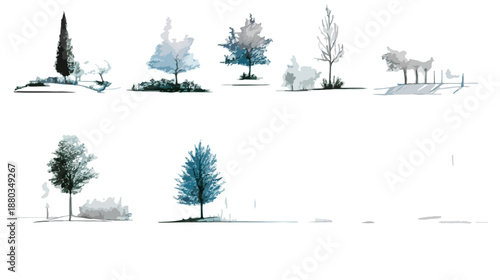 透明感のある水彩画風の手描きイラスト。建築パースの添景にも使える、様々な木々やヤギのシンプルなデザイン素材集。