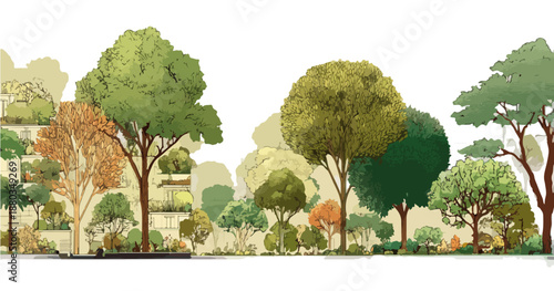 透明感あふれるレイヤー表現で描かれた、様々な種類の樹木が豊かに茂る美しい森林のイラストレーション。自然の多様性と生命力を象徴するデザイン。