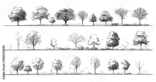様々な種類の樹木を鉛筆で手描きしたスケッチイラストセット。建築パースや景観デザインに使える透明背景のグラフィックリソース。