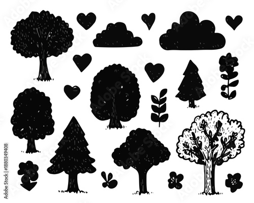 手描き風の温かみがある木、雲、ハートのシルエットベクター素材コレクション。自然や環境をテーマにしたデザインに最適な透明グラフィックリソース。