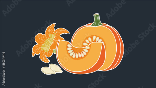 Whole pumpkin with a slice and seeds next to an orange blossom against a solid dark gray background for autumn harvest themes.