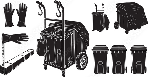 Black and white illustration of cleaning cart and supplies