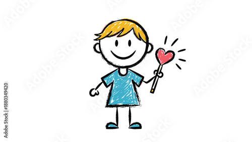 Happy stick figure boy with blonde hair holding a magic heart wand while smiling on a plain white background for child themes.