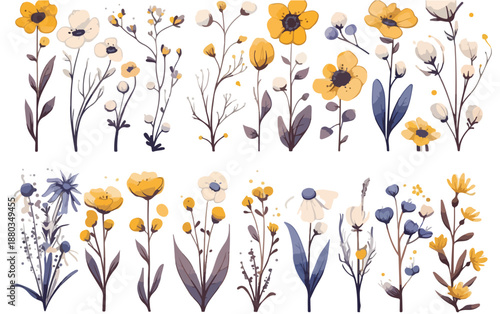 透明感のある手描き水彩画風の黄色、白、青の花と植物のイラストセット。春夏の自然な美しさを表現したデザイン素材。