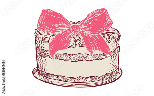 ピンクのリボンが華やかに飾られた手描きのバースデーケーキイラスト。お祝いや記念日にぴったりの、透明感のあるベクターアートで、特別な瞬間を彩ります。