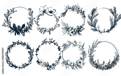 手描きの花や植物のリースとフレームのセット。招待状やロゴ、デザイン素材に最適な透明なイラストコレクション。