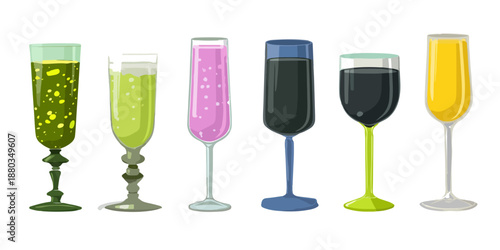 白い背景に、鮮やかな色合いの飲み物が注がれた多様なデザインのグラスが並ぶ、お祝いやパーティーシーンにぴったりの透明感あふれるベクターイラストレーション。