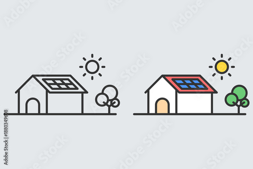 Illustration of a house with solar panels installed on its roof. Environmental theme. Eco-friendly technology, vector illustration.