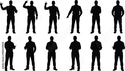 Male hand gesture silhouette collection, standing man poses, pointing and showing signs, business communication body language, people illustration set, isolated