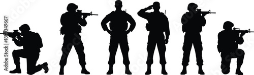 Military soldiers silhouette collection, armed army troops aiming rifles, saluting officer, tactical combat stances, defense security illustration set
