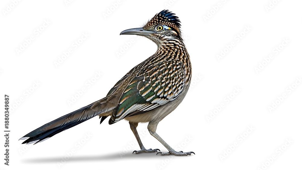 Fototapeta premium Majestic Greater Roadrunner (Geococcyx californianus) Bird Isolated on Pure White Background - Detailed Profile Wildlife Cutout of Fast Desert Runner Species