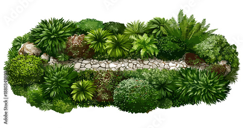 透明な背景に、上空から撮影された緑豊かな植物が茂る庭園と石造りの小道が特徴的な景観デザイン要素。