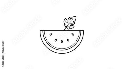 Simple black and white line drawing of a watermelon slice with a characteristic jagged leaf attached on a white background.