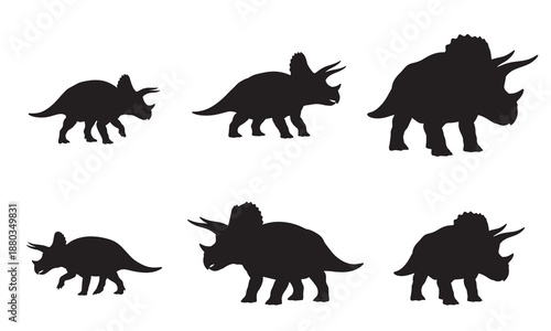 Set of six black silhouettes of triceratops dinosaurs.