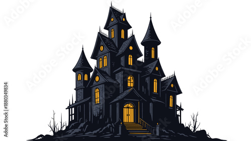Dark and detailed illustration of a spooky haunted castle with multiple towers and glowing yellow windows on a white background.
