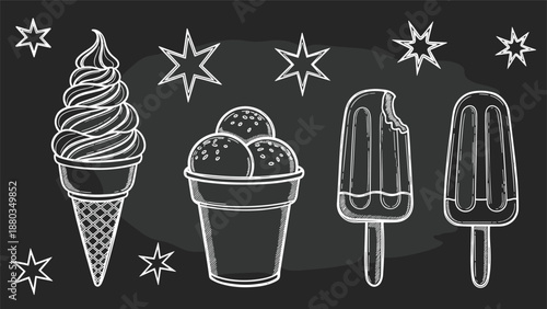 Chalk style illustration on a dark chalkboard featuring various ice cream treats, cones, and popsicles with bright white stars.