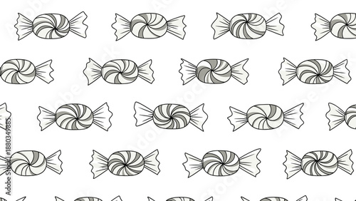 Repeat pattern of black and white hand drawn hard candies in their twisted wrappers across a clean and plain white background.