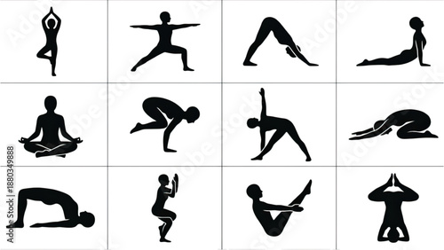 Set of 12 Yoga Poses Silhouettes. Minimalist Meditation Exercise Icons Vector Illustration.
