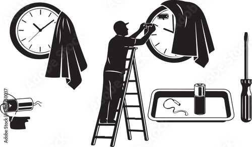 Man on ladder changing clock with various tools around