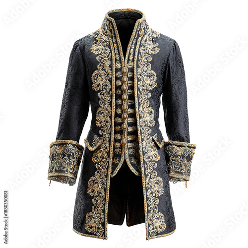 Ornate Black Vintage Military Uniform Jacket with Gold Embroidery and Braiding Isolated on Transferent Background
