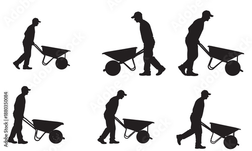 Six black silhouettes of a man pushing a wheelbarrow on white background.